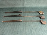 3 British socket bayonets with sheathes, 1 marked England 94 MKII P K