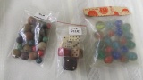 22 vintage marbles, 9 assorted size old dice and