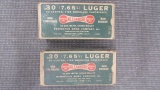 x2 vintage boxes of 30 luger, remington.