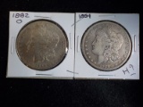 H9  VG/F  (2)  Silver  Dollars 1882-0, 1884 - 2 X $