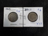 Y17  VG  (2) Three Cent 1865,1868 - 2 X $