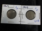 Y18  VG  (2) Three Cent 1865, 1868 - 2 X $