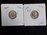 N25  GemUNC  (2) Dimes Mercury 1944, 1944-D - 2 X $
