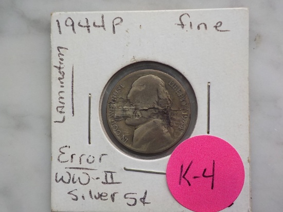 K4 silver 1944P Jefferon Nickel Error Lamination