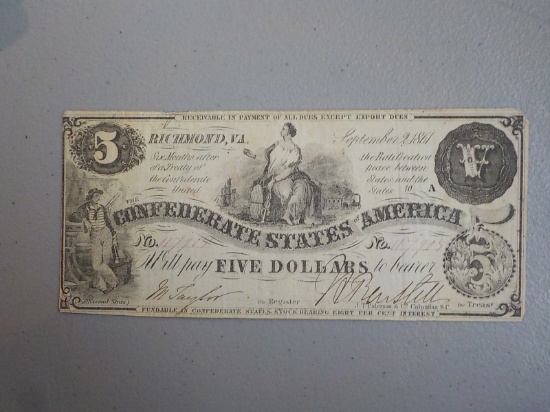 M62 1861 $5.00 Confederate Richmond 117905 Taylor