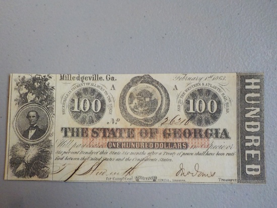 M63 1863 $100.00 The State of Georgia, Milledgeville Ga