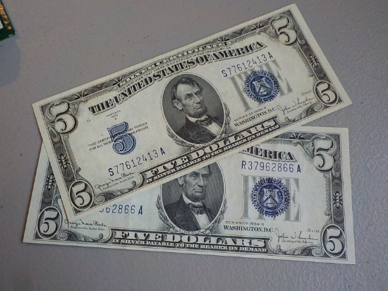 M71 2-1934 $5.00 UNC Blue Seal Silver Cert. Each x 2