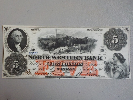 M99 1861 $5.00 UNC North Western Bank Warren Large