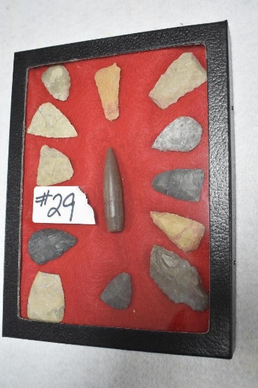 12 NATIVE AMERICAN OHIO SPEAR POINTS FROM LARGE COLLECTION IN FRAME BOX WITH BULLET
