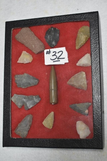 12 NATIVE AMERICAN OHIO SPEAR POINTS FROM LARGE COLLECTION IN FRAMED BOX WITH BULLET