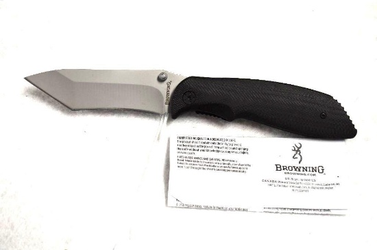BROWNING FOLDING POCKET KNIFE WITH TANTO BLADE BLACK HANDLES WITH BROWNING BUCK MARK BELT CLIP