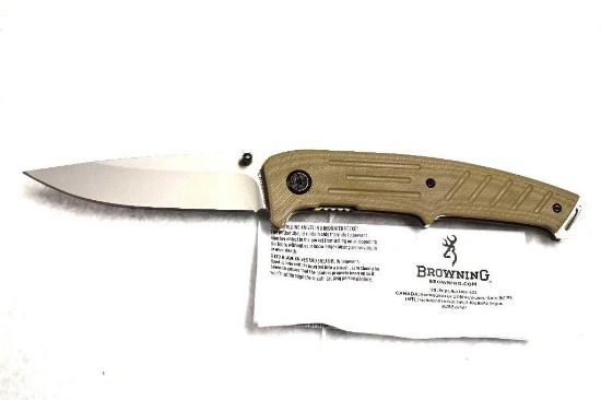 BROWNING FOLDING HUNTER WITH DARK EARTH HANDLE BROWNING BUCK MARK ON BELT CLIP