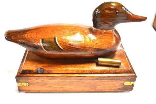 PREMIER GRADE MASON STYLE REPLICA DRAKE MALLARD ON OAK WOOD BOX WITH BRASS SHOTGUN SHELL HAND CARVED