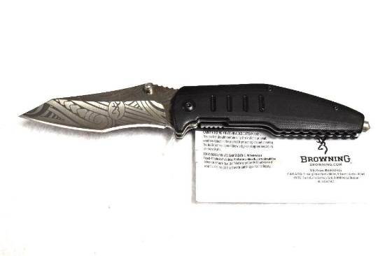 BROWNING FOLDING HUNTER KNIFE FIRST RESPONDER WITH GLASS BREAKER ACID ETCHED BLADE