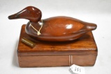 MASON STYLE REPLICA WITH TAG HAND CARVED DECOY WITH HINGED WOODEN BOX AND BRASS SHOTGUN SHELL