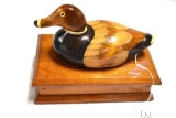 HAND CARVED MASON STYLE DECOY RED HEAD ON TOP OF WOODEN BOX NICE FOR DISPLAY