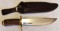 LARGE HEN AND ROOSTER BOWIE KNIFE WITH LEATHER BUTCHER SHEATH