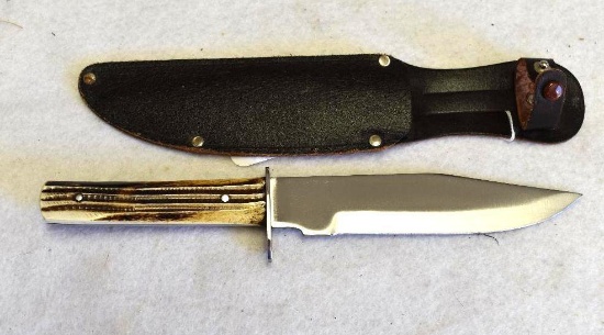 "ORIGINAL BOWIE KNIFE" WITH STAG HANDLE AND LEATHER SHEATH