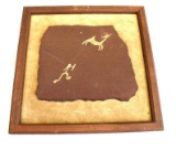 FRAMED PYROGLYPH SHOWING HUNTING FIGURE AND DEER