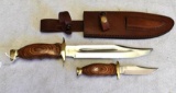 DOUBLE SET OF FIXED BLADE KNIVES, BOWIE AND HUNTER WITH DOUBLE SHEATH