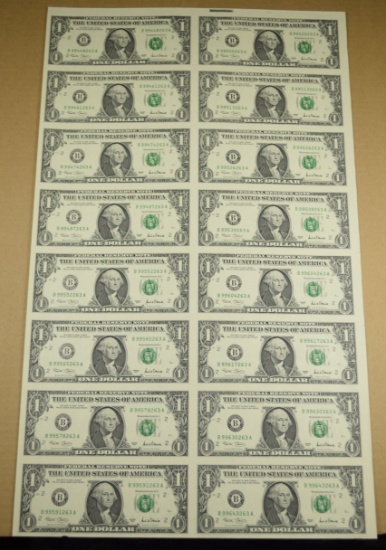$1 16 Notes UNCUT Full Sheet Currency