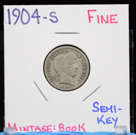 1904-S Barber Dime Fine Semi Key Mintage 800k