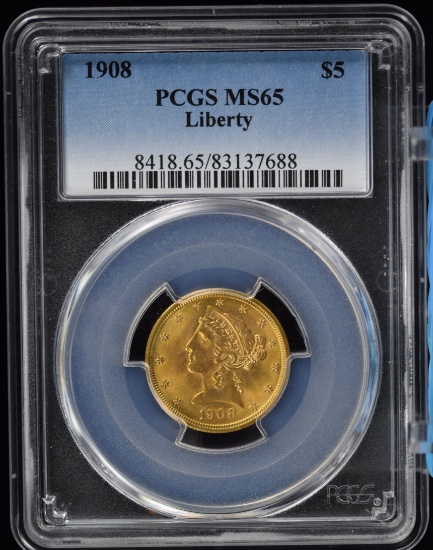 1908 $5 Gold Liberty Half Eagle PCGS MS-65 GEM