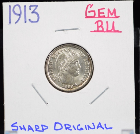 1913 Barber Dime GEM BU  Sharp Original