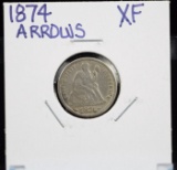 1874 Seated Dime Arrows XF