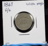 1867 6/6 Shield Nickel With Rays