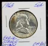 1863 Silver Franklin Half Dollar OBV Strike Thru Error on Cheek CH BU