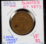 1855 Large Cent VF XF Slanted 5's Variety