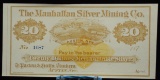 1870 s $20 Manhattan Silver Mining Co Currency Note #1687 GEM CU