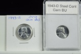 1943-D & 1943-S UNC Steel Lincoln Cents 2 Coins