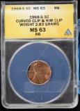 1968-s Lincoln Cent ANACS MS63 Error Curved & Rim Clip