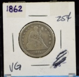 1862 Seated Liberty Twenty Five Cent VG