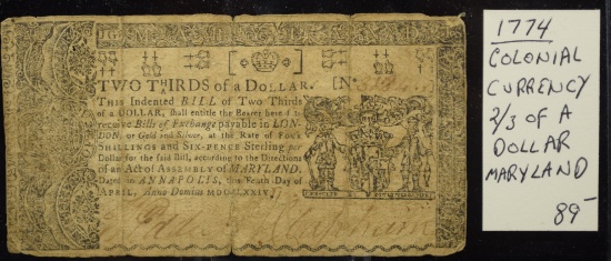 1774 Colonial Currency 2/3 of Dollar Maryland