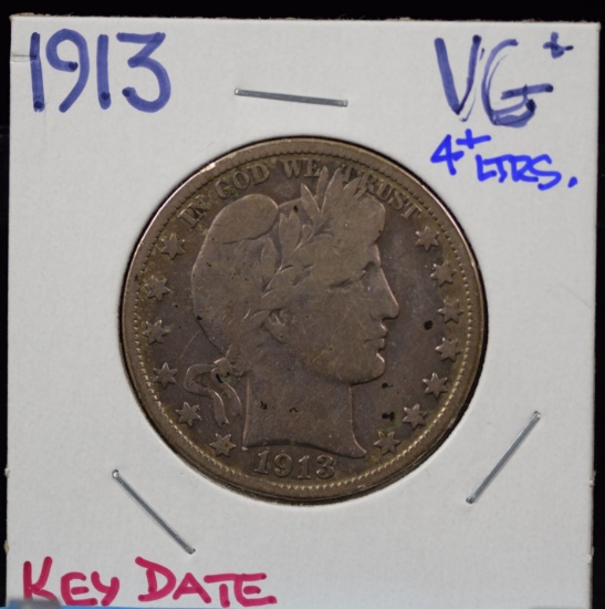 1913 Barber Half Dollar VF KEY Date 4 Plus Letters