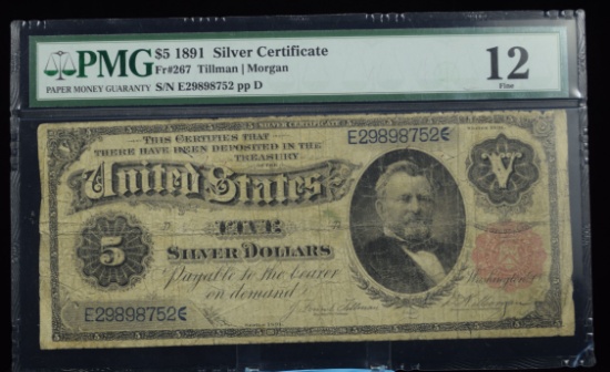 1891 $5 US Certificate Treasury PMG 12 Fine Tillman/Morgan