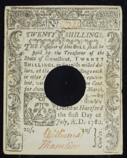 1780 20 Shillings Connecticut Hole Cancelled 20725