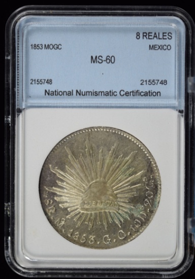 1853 MoGC Silver 8Reales Mexico NNC MS60 Scarce Attractive