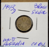 1943D Silver 3Pence Australia WWII Rainbow Tone CH/BU