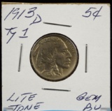 1913-D Type1 Buffalo Nickel GEM BU  Lite Tone