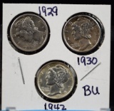 1929,30,42 3-Mercury Dimes AU 3 Coins