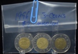 1996 $2 Canadian Coins 3 Coins