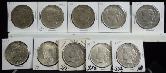 10 Silver Peace Dollars 1923-7 & 1924-3