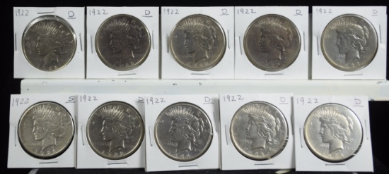 10 Silver Peace Dollars 1922-D & 1922-S 10 Coins