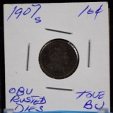 1907-S Barber Dime Obverse Struck from Rusted Dies Tone BU