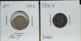 1905 & 1914-D Barber Dimes 2 Coins