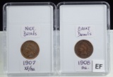 1907 & 1908 Indian Head Cents 2 Coins XF/AU